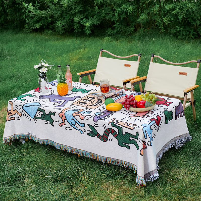 Leinen-Picknicktischdecke, amerikanische Cartoon-Outdoor-Campingmatte für Rasenpicknicks